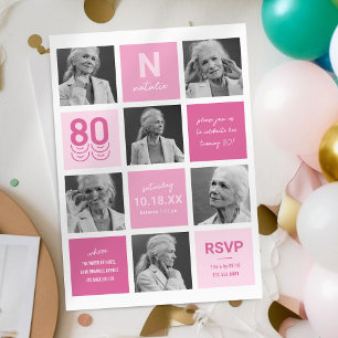 Photo Collage Modern Pink 80th Birthday Invitation