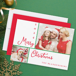 Photo Collage Modern Red Script Christmas Holiday Card