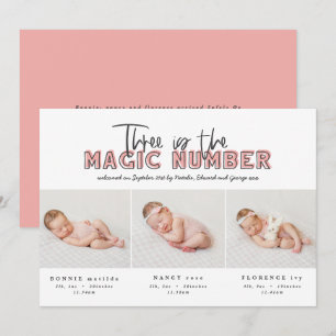 Photo collage modern triplet birth announcement