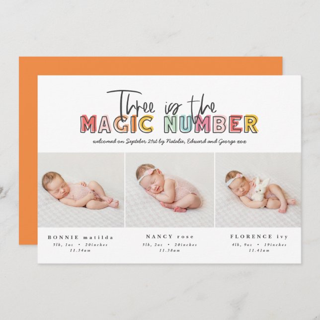 Photo collage modern triplet birth announcement (Front/Back)