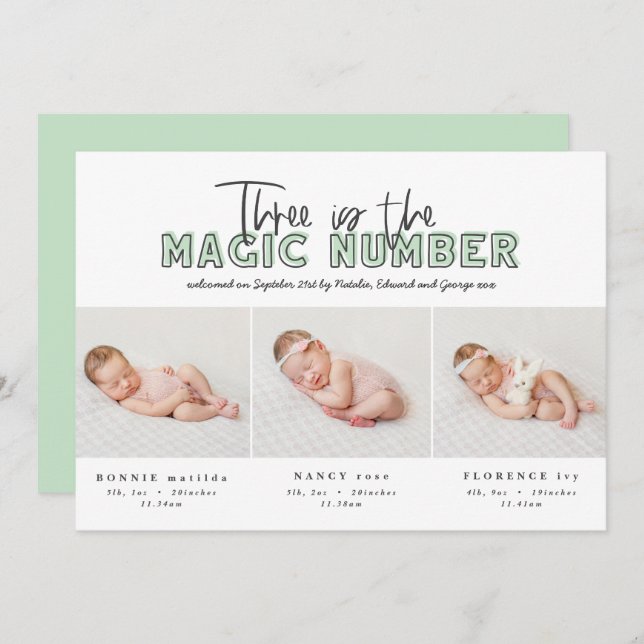 Photo collage modern triplet birth announcement (Front/Back)