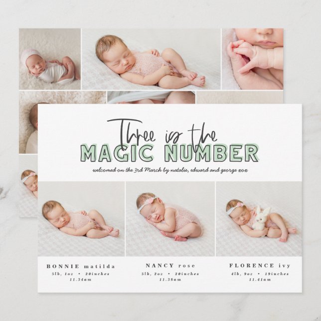 Photo collage modern triplet birth announcement (Front/Back)