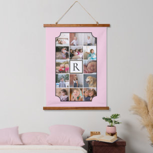 Photo collage monogram curved corners blush pink hanging tapestry