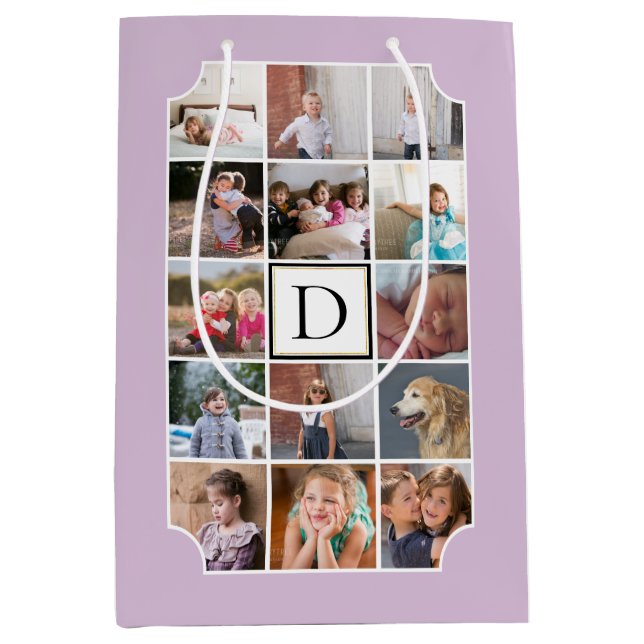 Photo collage monogram curved corners lavender medium gift bag (Front)