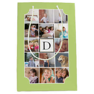 Photo collage monogram curved corners light green medium gift bag