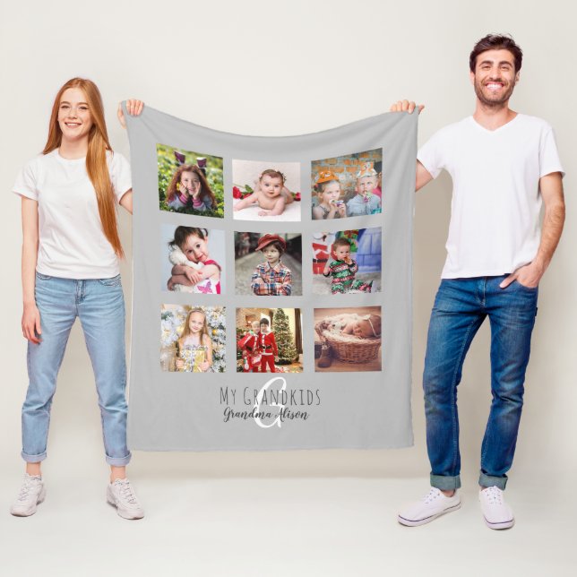 Photo Collage Monogram Grandparent Grandkids Grey Fleece Blanket (In Situ)