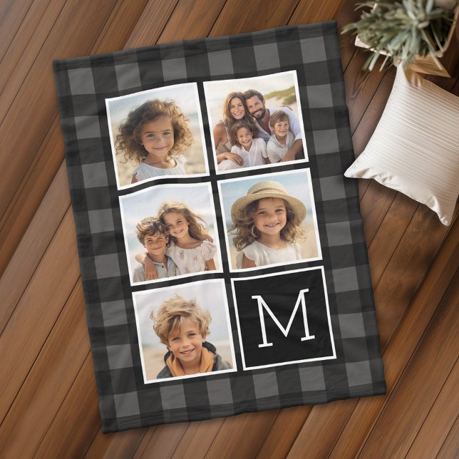 Photo Collage - Monogram Grey Black Buffalo Plaid Fleece Blanket (Personalized fleece blanket with 5 photos and a monogram)