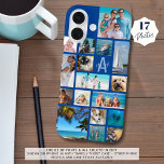 Photo Collage Monogram Name 17 Photos Blue iPhone 16 Case<br><div class="desc">Carry 17 of your favourite photos on this custom colour cell phone case with a photo collage of a variety of shapes and sizes and personalised with your monogram and name in a modern script font over the initial (shown in blue). Change the font styles and all colours in EDIT....</div>