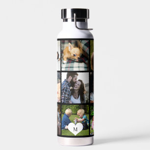 Photo collage monogram personalised modern black water bottle