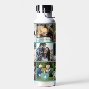 Photo collage monogram personalised modern green water bottle