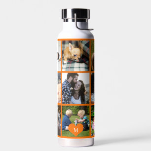 Photo collage monogram personalised modern orange water bottle