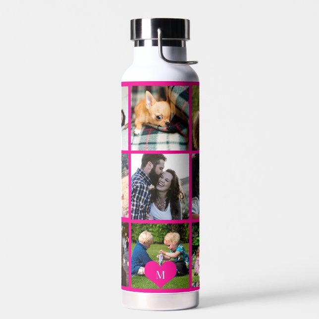 Photo collage monogram personalised modern pink water bottle (Left)