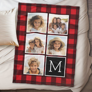 Photo Collage Monogram Red Black Buffalo Plaid Fleece Blanket