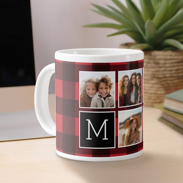 Photo Collage - Monogram Red Black Buffalo Plaid Large Coffee Mug (Personalized mug)