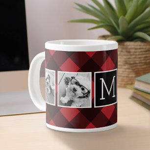 Photo Collage - Monogram Red Black Buffalo Plaid Large Coffee Mug