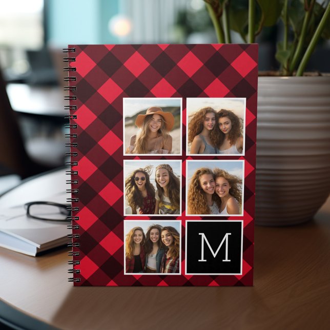 Photo Collage - Monogram Red Black Buffalo Plaid Notebook (Personalized notebook - add photos and your name or other text)