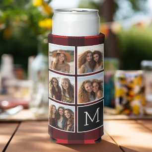 Photo Collage - Monogram Red Black Buffalo Plaid Seltzer Can Cooler