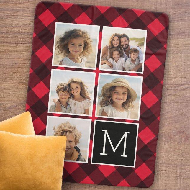 Photo Collage Monogram Red Black Buffalo Plaid Sherpa Blanket (Personalized sherpa blanket with photos and text)