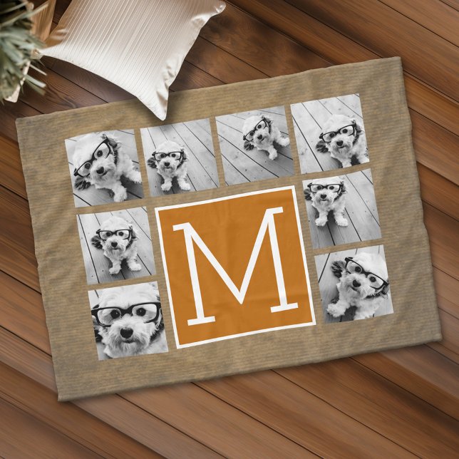 Photo Collage Monogram - Rustic Kraft and Orange Fleece Blanket (Custom Fleece Blanket - Add Photos and Text)