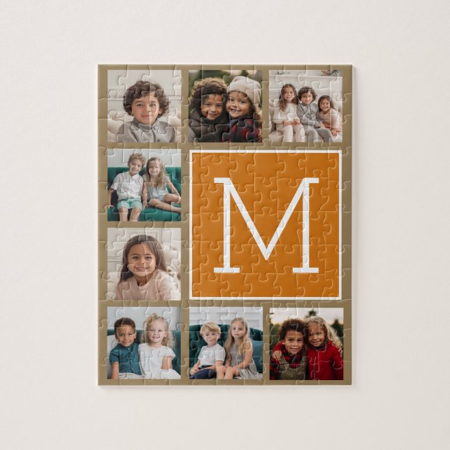 Photo Collage Monogram - Rustic Kraft and Orange Jigsaw Puzzle (Vertical)