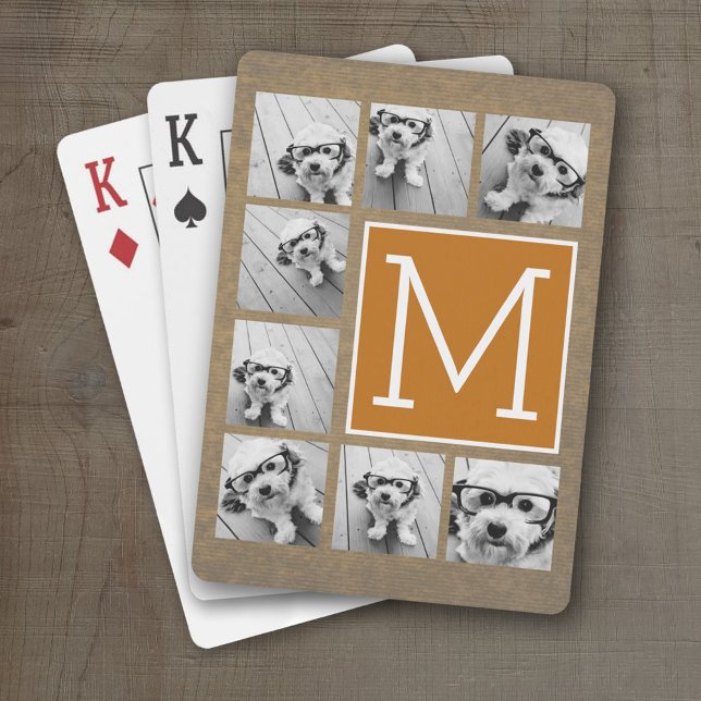 Photo Collage Monogram - Rustic Kraft and Orange Playing Cards (Personalized Playing Cards)