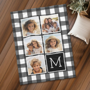 Photo Collage Monogram White Black Buffalo Plaid Fleece Blanket