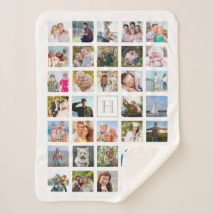 Photo Collage Monogram White Grey Sherpa Blanket