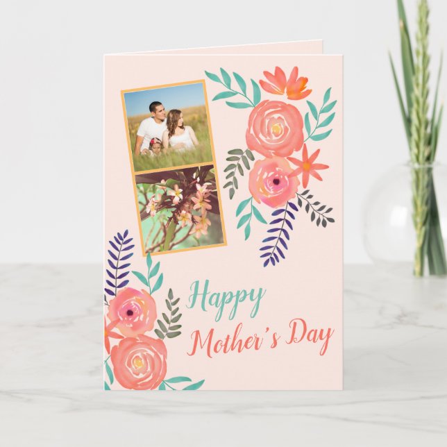 Photo Collage Mothers Day  Floral Watercolor   Card (Front)