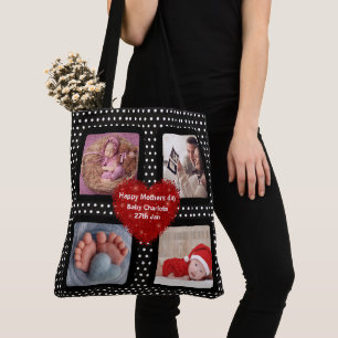 Photo collage mum mother black polka dot red heart tote bag