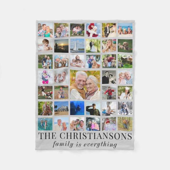 Photo Collage Name FAMILY IS EVERYTHING Grey Fleece Blanket (Front)