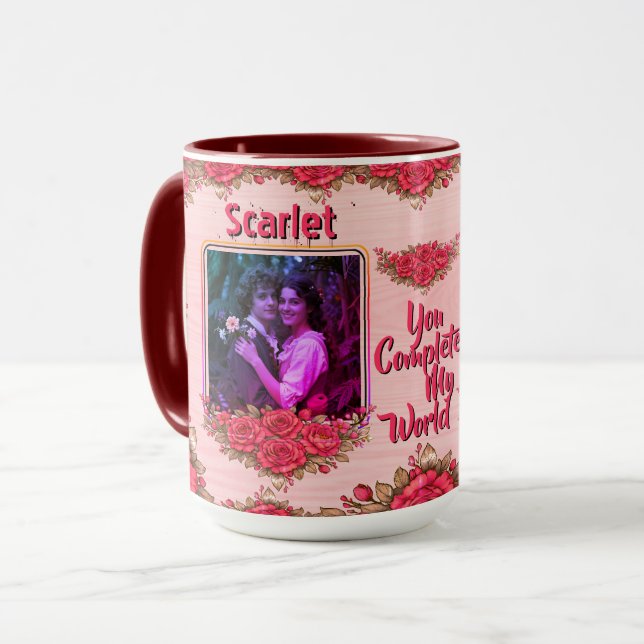 Photo Collage  Name Valentine's Day Floral Coffee Mug (Front Left)