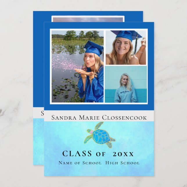 Photo Collage Nautical  Blue Starfish graduate Ann Announcement (Front/Back)