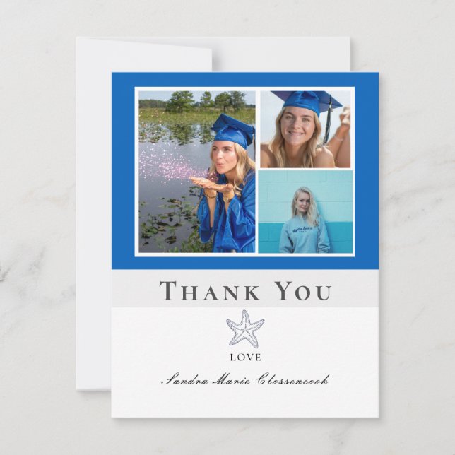Photo Collage Nautical Navy Blue Starfish graduate Thank You Card (Front)