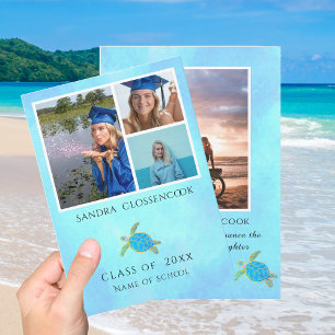 Photo Collage Nautical Sea Turtle Blue Graduation Announcement