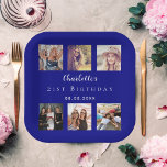 Photo collage navy blue birthday party paper plate<br><div class="desc">For a woman's 21st (or any age) birthday, celebrating her life with a collage of 6 of your high quality photos of her, her friends, family, interest or pets. Personalise and add her name, age 21. A stylish navy blue background. Her name is written with a modern hand lettered style...</div>