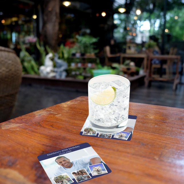 Photo collage navy blue birthday party square paper coaster (Creator Uploaded)