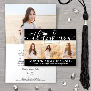 Photo Collage New Address Black & White Graduation Thank You Card