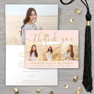 Photo Collage New Address Blush & Gold Graduation Thank You Card