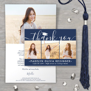 Photo Collage New Address Navy Blue Graduation Thank You Card