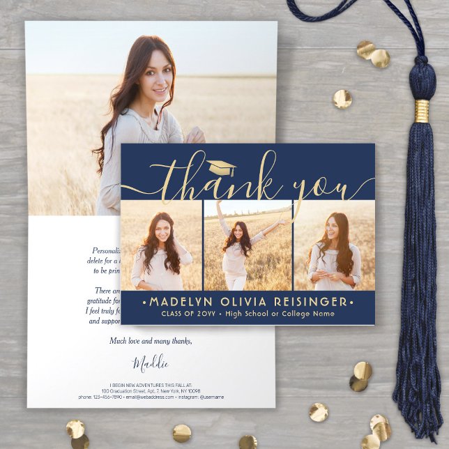 Photo Collage New Address Navy & Gold Graduation Thank You Card (Creator Uploaded)