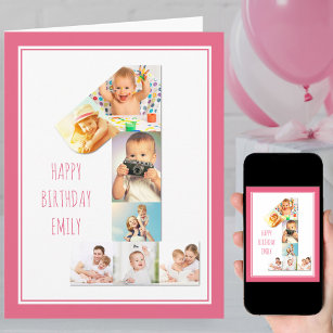 Photo Collage Number 1 Girl's First Birthday Card