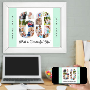 Photo Collage Number 60 Shape Mint 60th Birthday Poster