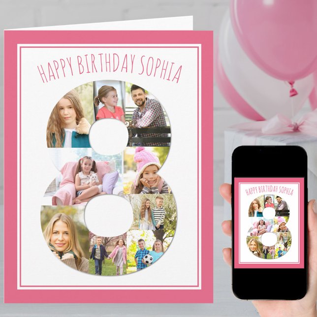 Photo Collage Number 8 Pink 8th Birthday Card (Creator Uploaded)