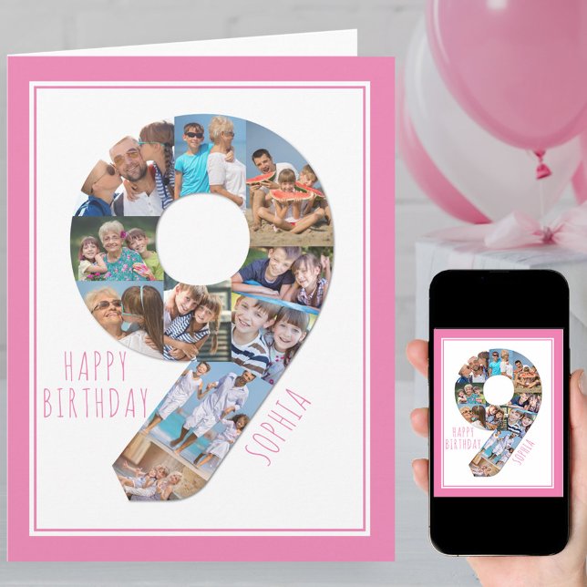Photo Collage Number 9 Girl's 9th Birthday Card (Creator Uploaded)