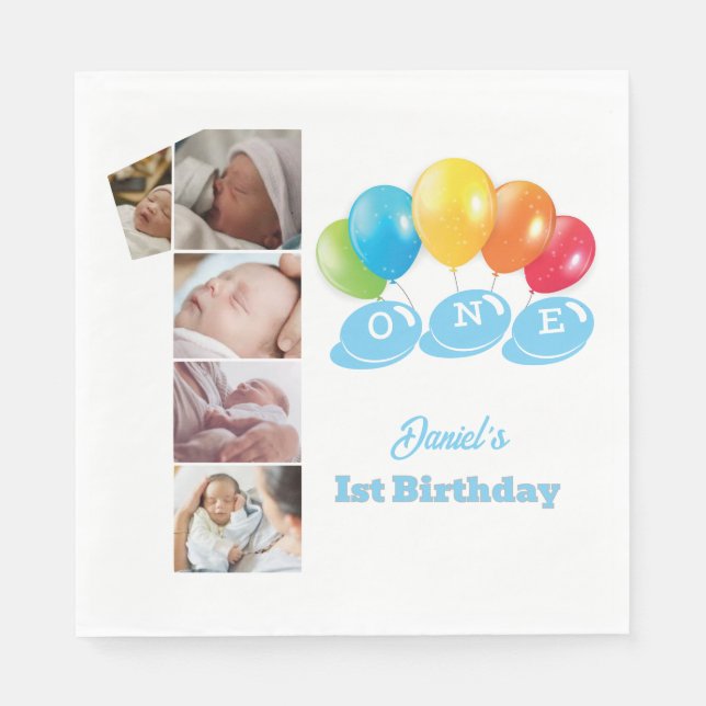 Photo Collage Number One Boy's Name 1st Birthday  Napkin (Front)