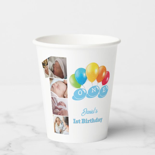 Photo Collage Number One Boy's Name 1st Birthday  Paper Cups (Front)