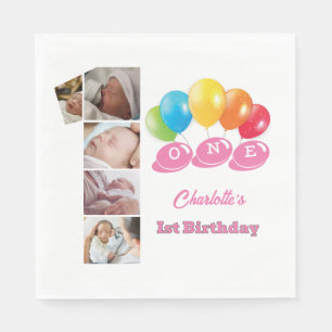 Photo Collage Number One Girl's Name 1st Birthday Napkin