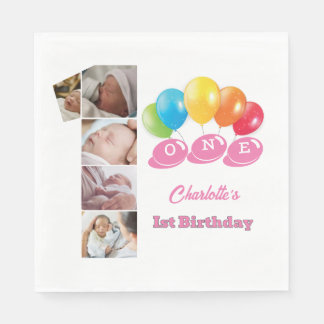 Photo Collage Number One Girl's Name 1st Birthday Napkin