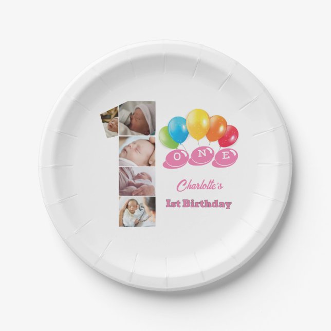 Photo Collage Number One Girl's Name 1st Birthday Paper Plate (Front)