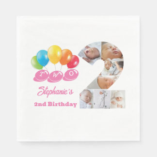 Photo Collage Number One Girl's Name 2nd Birthday Napkin